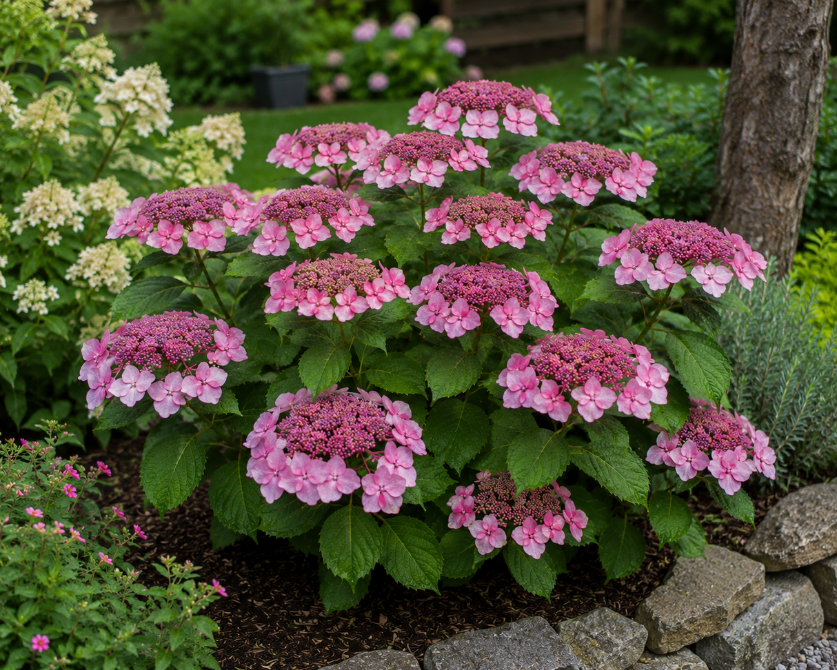 Hortenzie velkolistá Hy-pe Lacecap Pink, výška 30–40 cm, květináč 23 cm