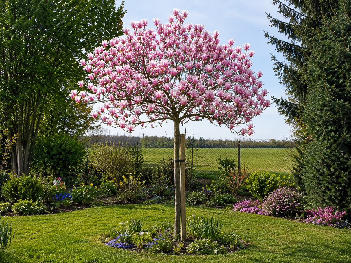 Magnolie March Till Frost na vysokém kmínku 210–220 cm, výška 240–260 cm, květináč 18 l
