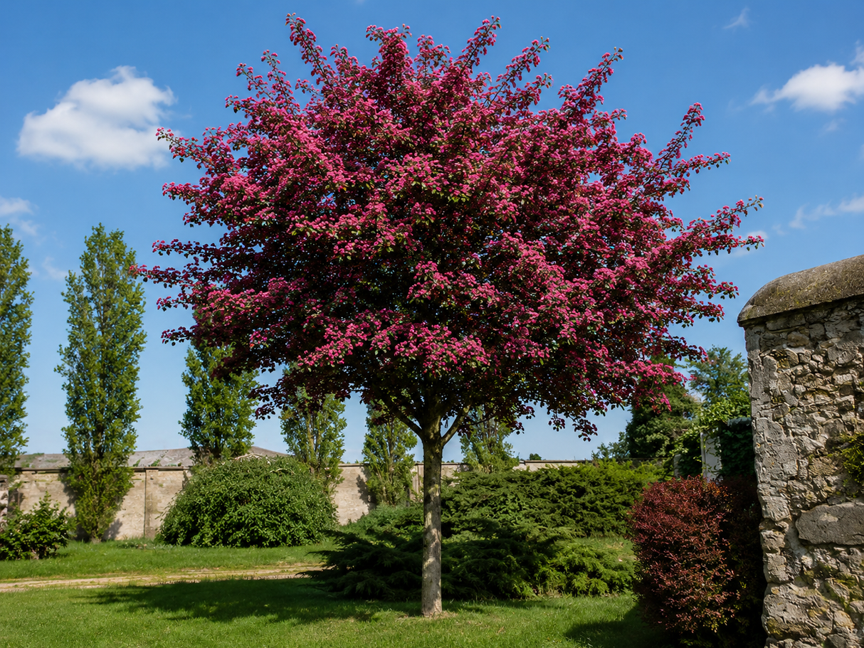 Hloh obecný Pauls Scarlet na vysokém kmínku 160–180 cm, výška 220–250 cm, květináč 15 l