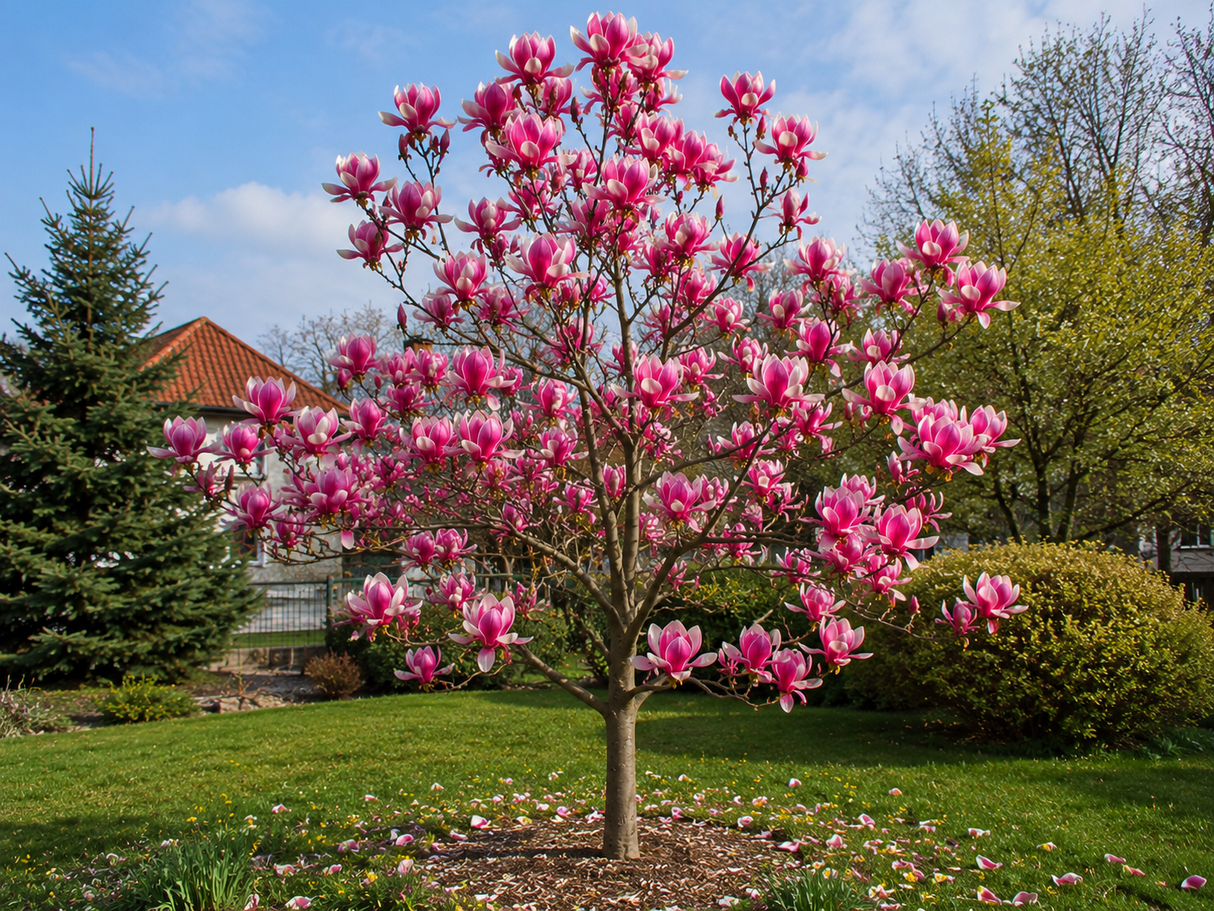 Magnolie Watermelon na vysokém kmínku 210–220 cm, výška 240–260 cm, květináč 18 l